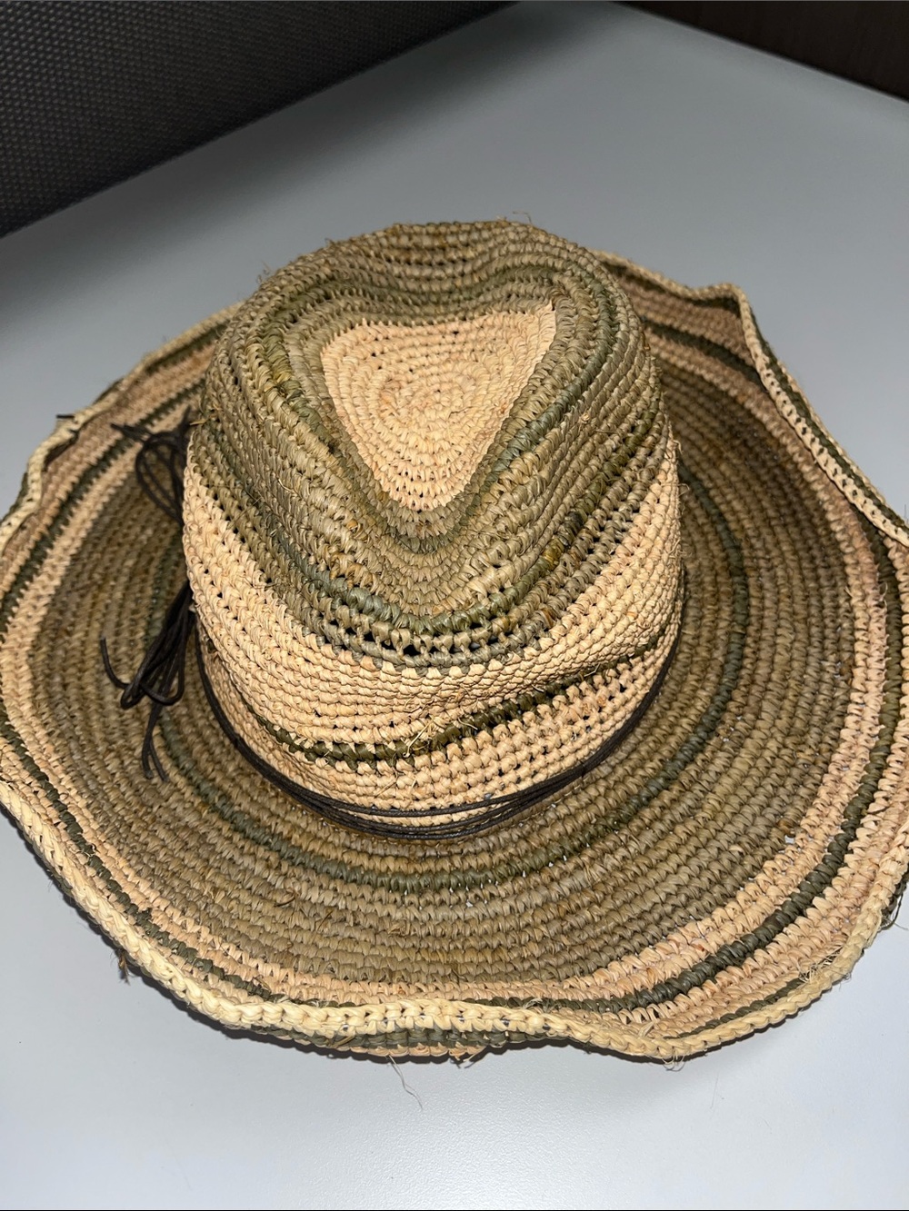 Woven Straw Sun Hat with Natural and Olive Tones / wired ends